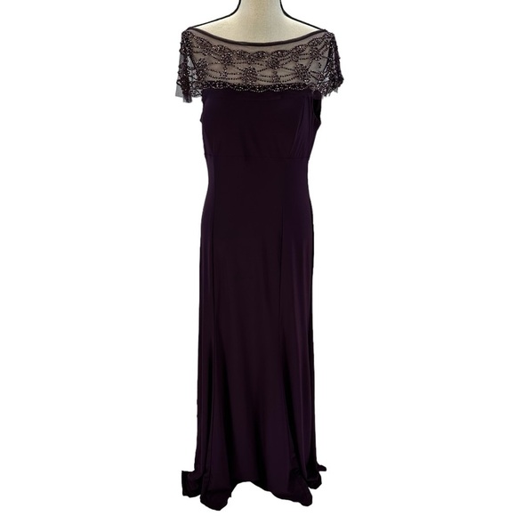 R&M Richards Dresses & Skirts - R&M Richards Sheer Beaded Neck and Shoulder Maxi Dress - Plum Purple - size 12